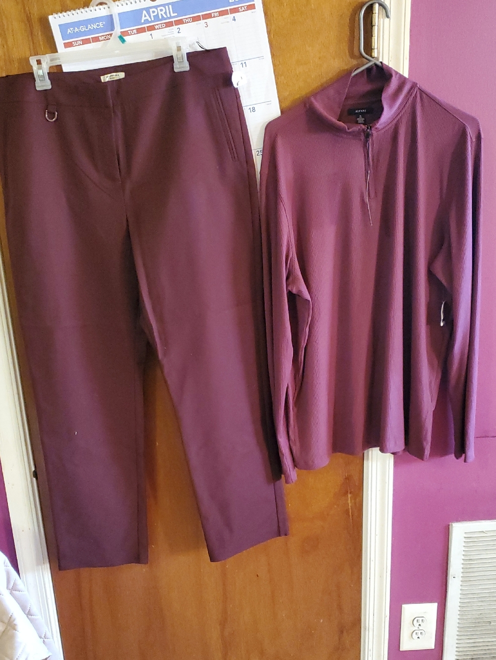 Essentials Plum Straight-Leg Pants with Matching Quarter-Zip Top